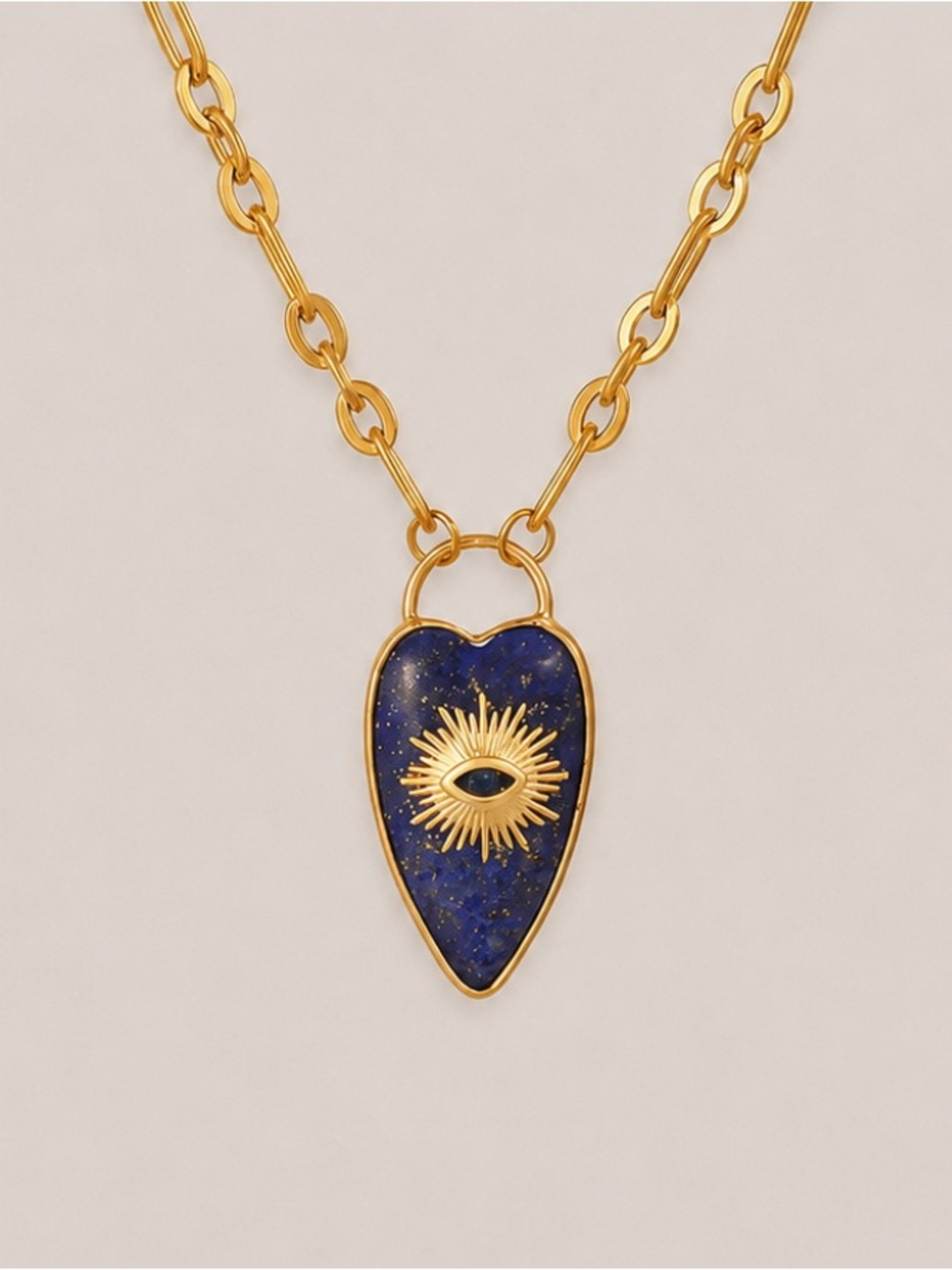 New! Lapis Natural Stone Evil Eye Gold Link Chain Necklace NWOT